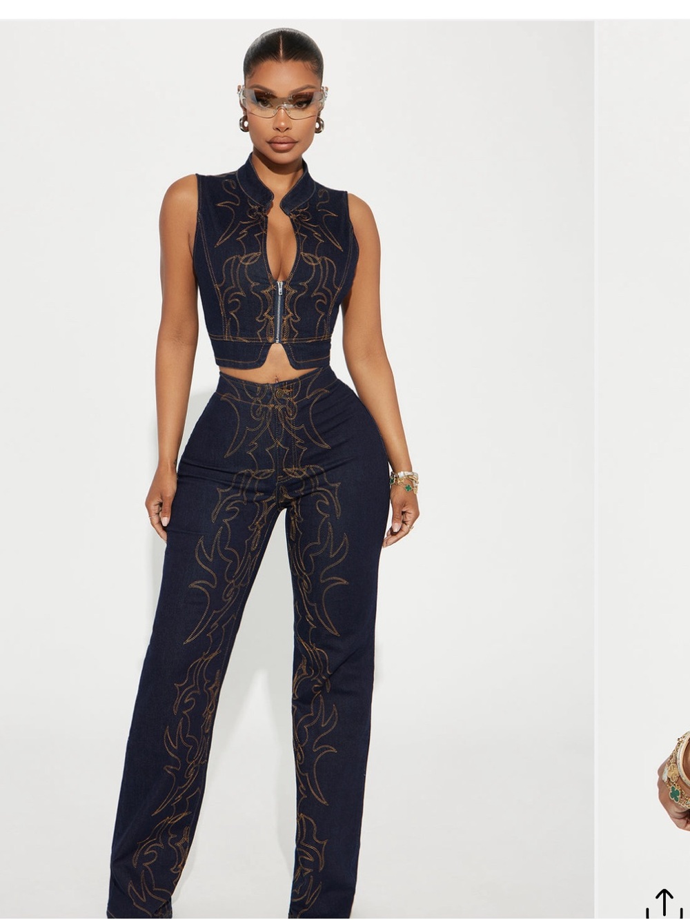 Fashion Nova Navy Embroidered Wide-Leg Jumpsuit with Front Zip